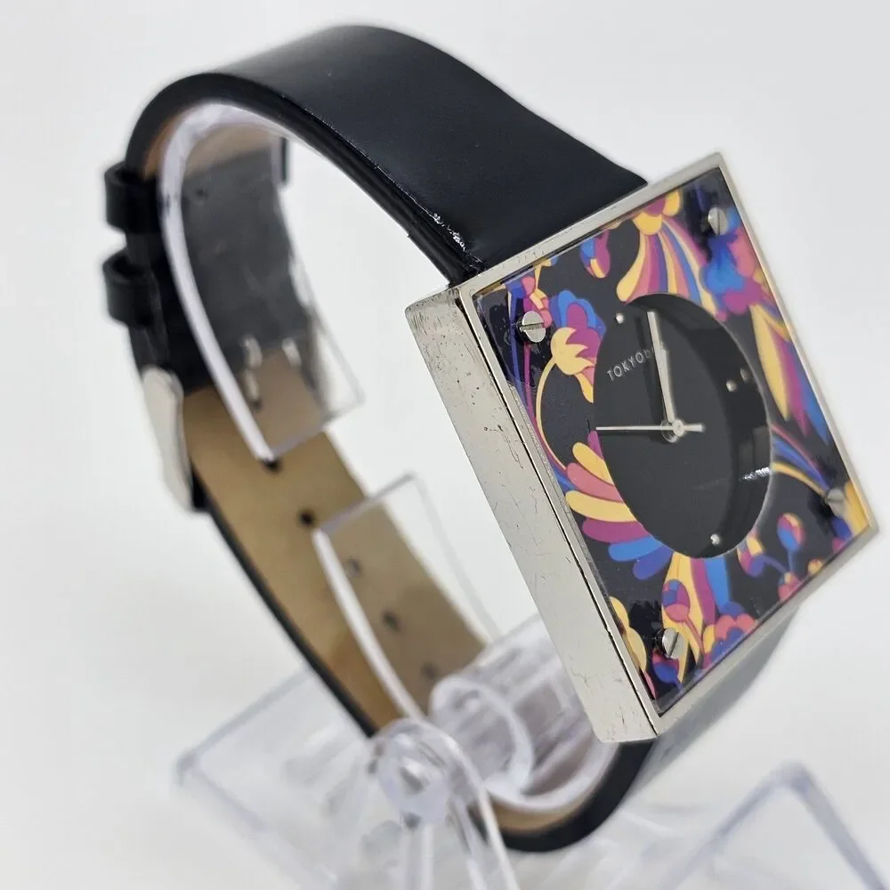 TOKYObay Women's Watch 38MM Flowers Square Case Black Leather Bands New‎ Battery
